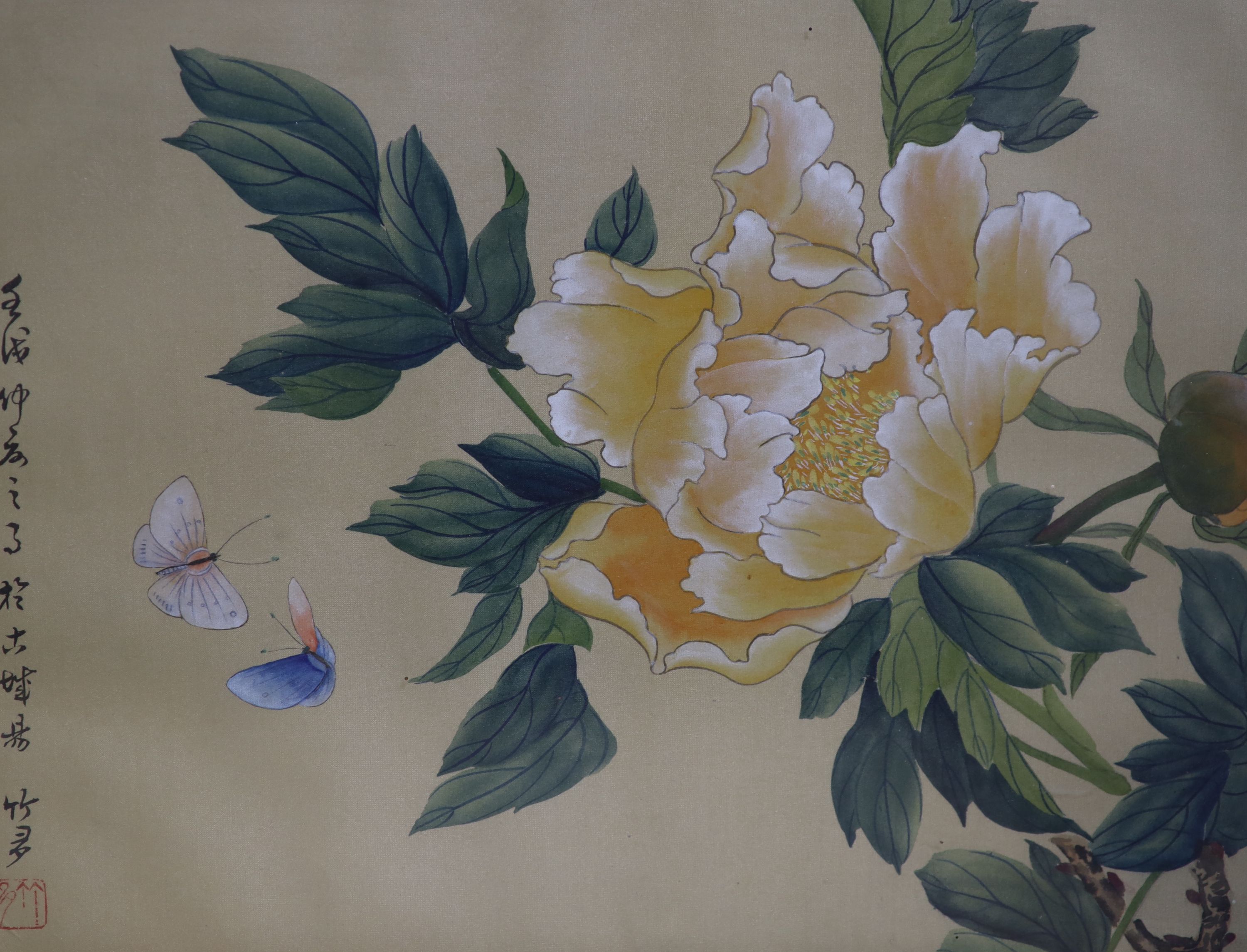 Chinese School, three watercolours on silk, Studies of flowers and butterflies, 28 x 38cm